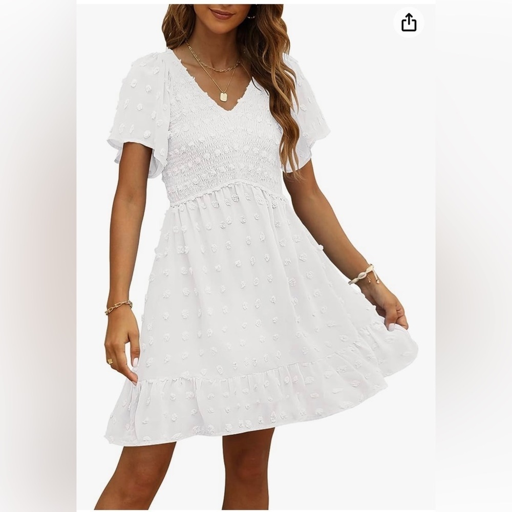 NWT Tecrew Women’s White Smocked Short Sleeve V Neck Mini Size Medium